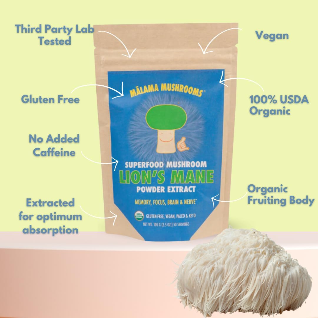 Organic Lion's Mane Mushroom Extract Powder by Malama - Superfood for Memory, Focus, Brain, and Nerves - Fruiting Body Lions Mane Powder - Supports Cognitive Health - Espot.com.au
