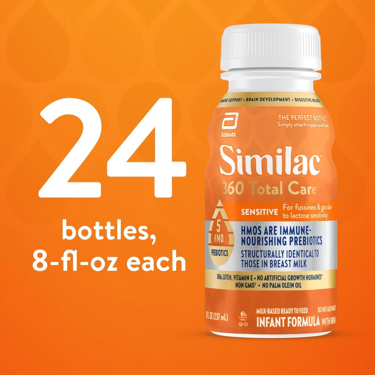 Similac 360 Total Care Sensitive Infant Formula for Lactose Sensitivity, 5 HMO Prebiotics, Non-GMO, Ready to Feed, 8-fl-oz Bottle, 24-Pack - Espot.com.au