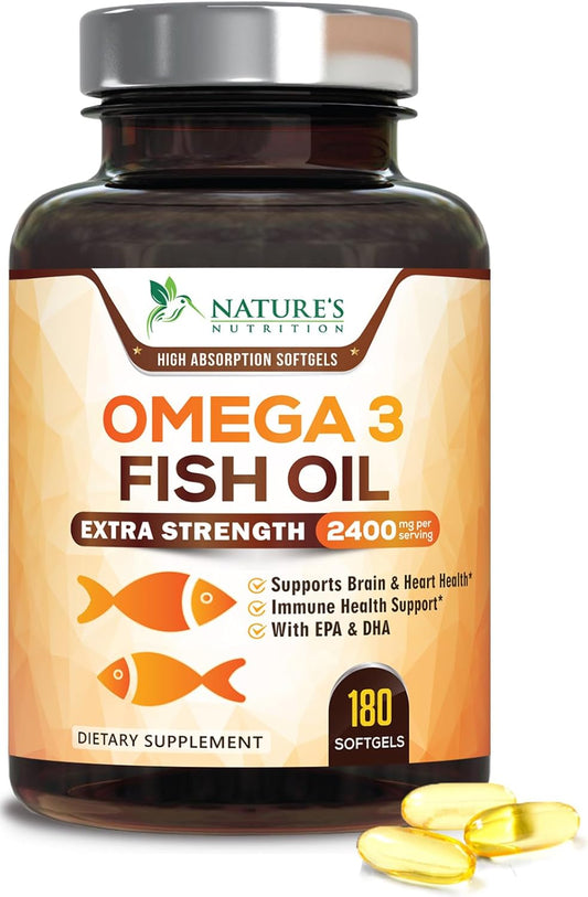 180 Nature's Nutrition Triple Strength Omega-3 Fish Oil Softgels, 2400mg, EPA & DHA for Brain & Heart Health, Omega-3 Supplement - Espot.com.au