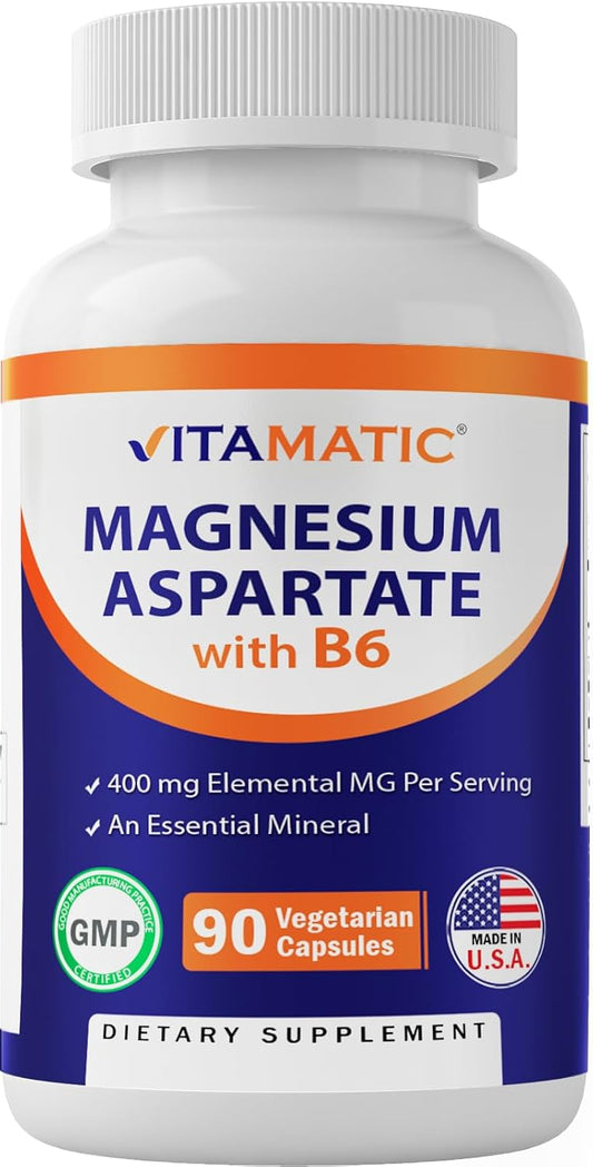 Vitamatic Magnesium Aspartate Capsules - 400mg with Added B6 - Supports Muscle, Joint, and Heart Health - 90 Vegetarian Capsules - Espot.com.au
