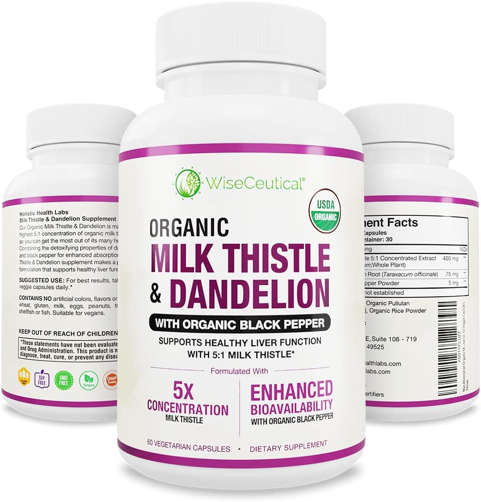 Organic Milk Thistle & Dandelion Root Liver Support Supplement - 2000mg Strength, High Absorption Formula with Silymarin Antioxidant Flavonoid - USDA Certified - 60 Count Pack - Espot.com.au