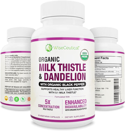 Organic Milk Thistle & Dandelion Root Liver Support Supplement - 2000mg Strength, High Absorption Formula with Silymarin Antioxidant Flavonoid - USDA Certified - 60 Count Pack - Espot.com.au