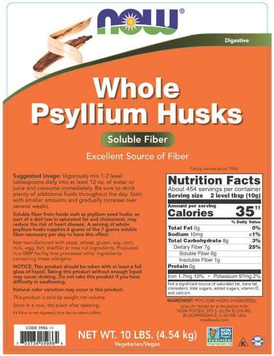 NOW Foods Whole Psyllium Husks Supplements - Non-GMO Verified Soluble Fiber - 10 lbs