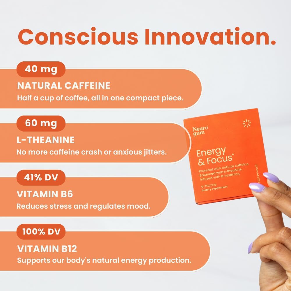 Sugar-Free NeuroGum Energy Caffeine Gum (144 Pieces) with L-Theanine, Natural Caffeine, Vitamin B12 & B6 - Nootropic Energy Supplement for Women & Men - Peppermint & Cinnamon Flavor - Espot.com.au