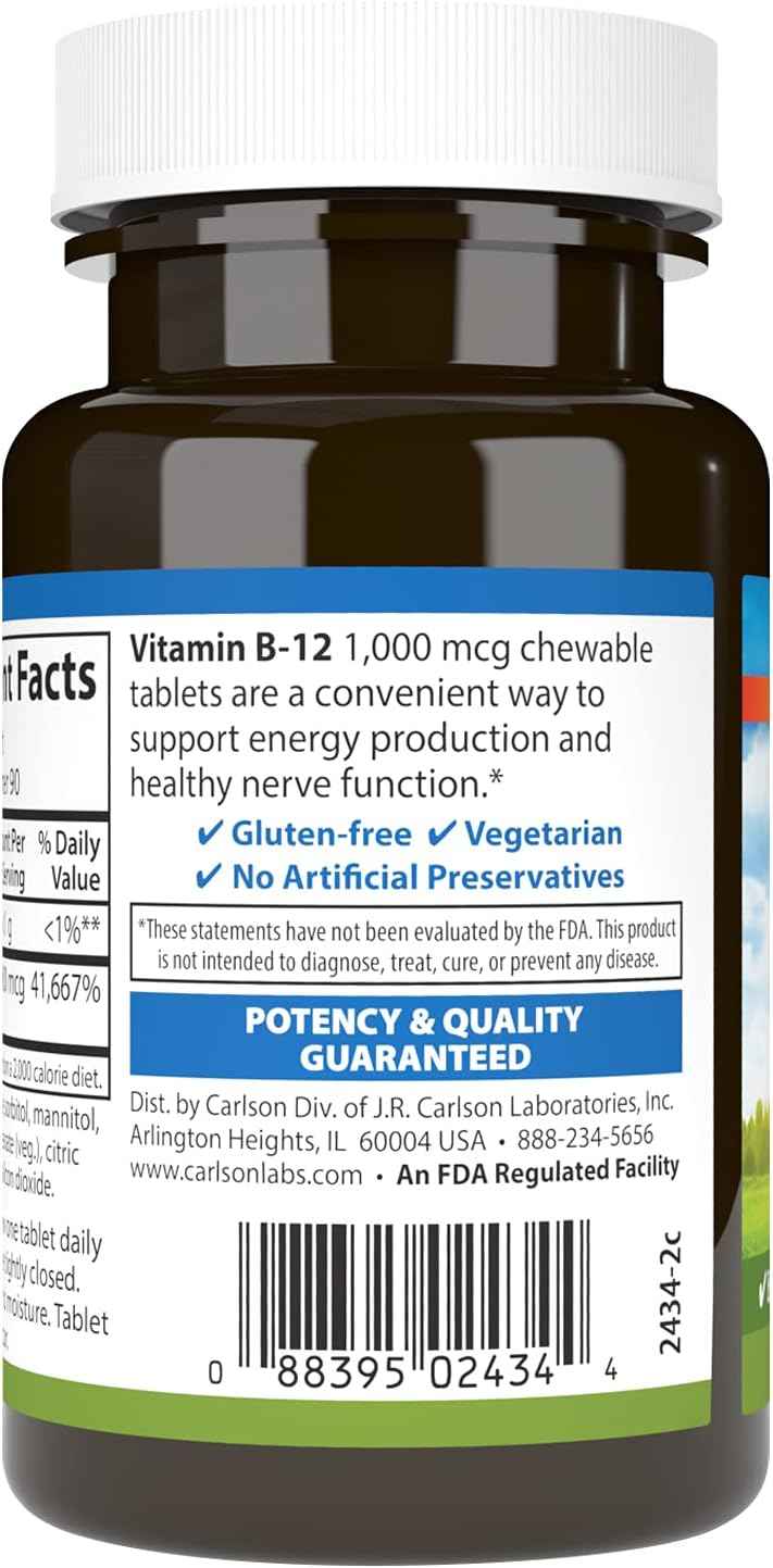 Carlson Chewable B-12 1000 mcg Tablets for Energy & Nerve Function, Lemon Flavored, 90 Count - Supports Optimal Wellness