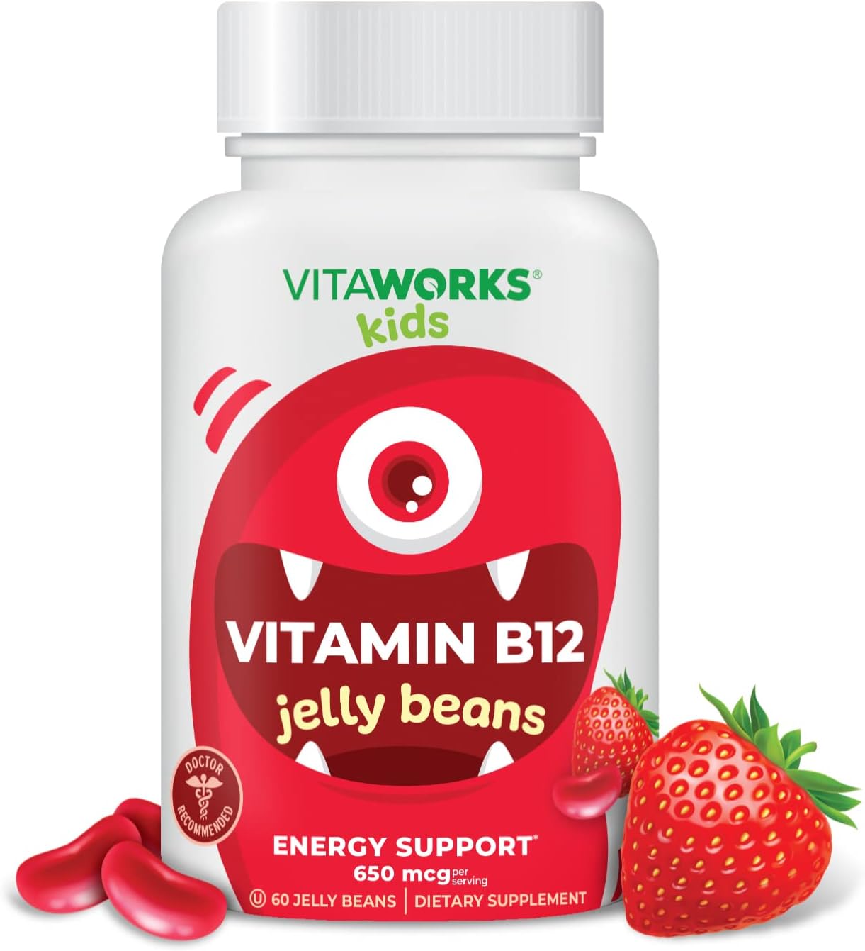 VitaWorks Kids Vitamin B12 Jelly Beans - Natural Berry Blast Flavor - Vegan & GMO-Free - Energy Support - 60 Jellies - Espot.com.au