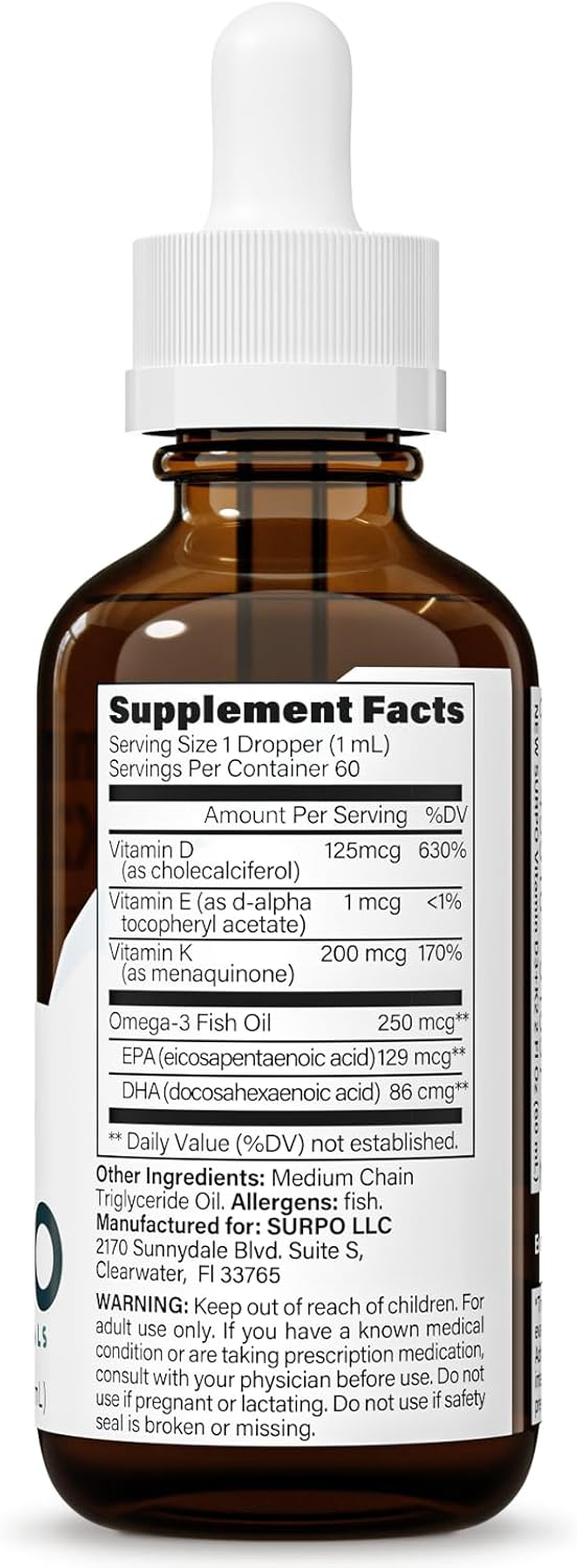 Liquid Vitamin D3 and K2 Drops with Omega 3 Oil for Hormone Support and Bone Health - 5000 IU Vitamin D - Maximum Absorption - 2Fl Oz Bottle - Espot.com.au