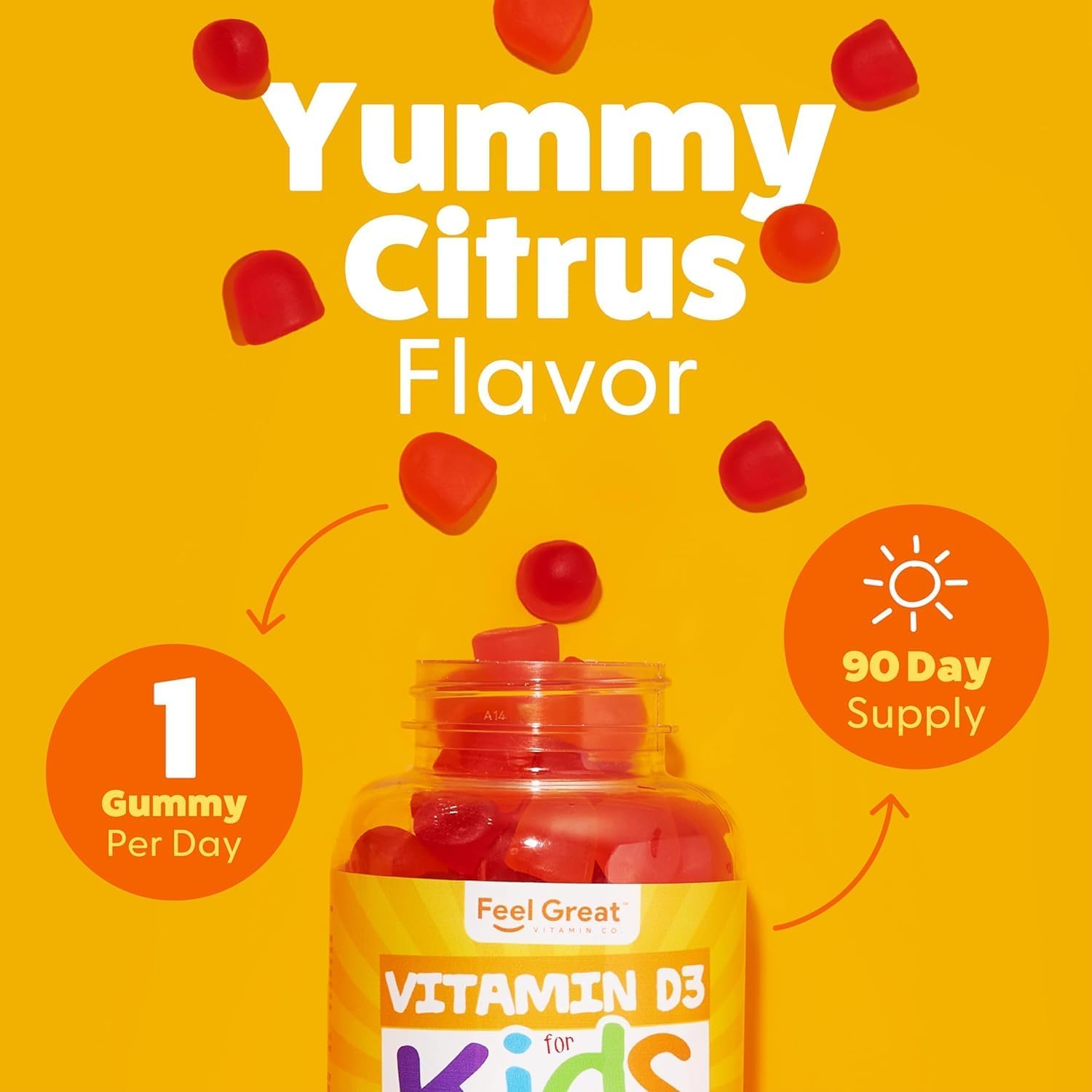 Feel Great Kids Vitamin D3 1000 IU Gummies - Citrus Flavored Vegetarian D3 Gummies for Healthy Bones, Mood, & Immune Support - 90 Day Supply from The Feel Great Vitamin Company - Espot.com.au