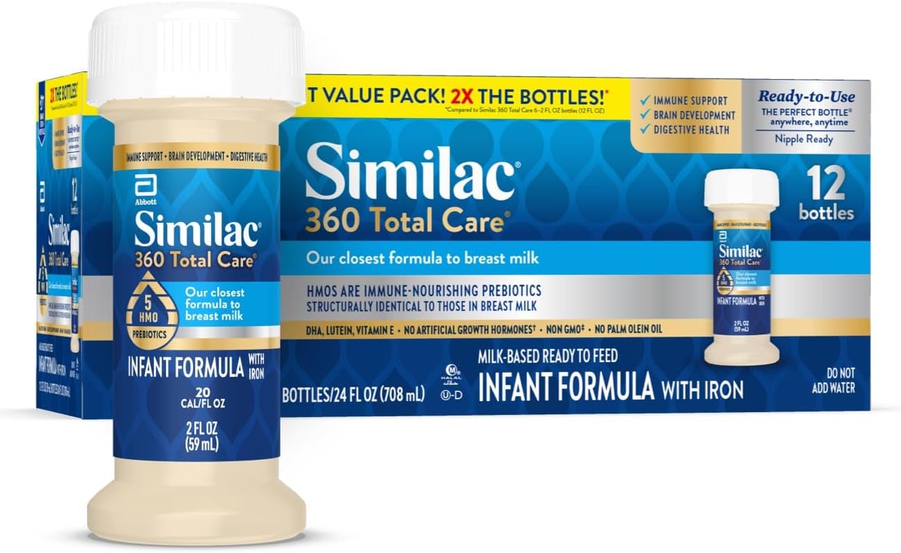 Similac 360 Total Care Infant Formula: Non-GMO Ready to Feed Baby Formula with 5 HMO Prebiotics, Closest to Breast Milk, 2-fl-oz Bottle (Pack of 12) - Espot.com.au