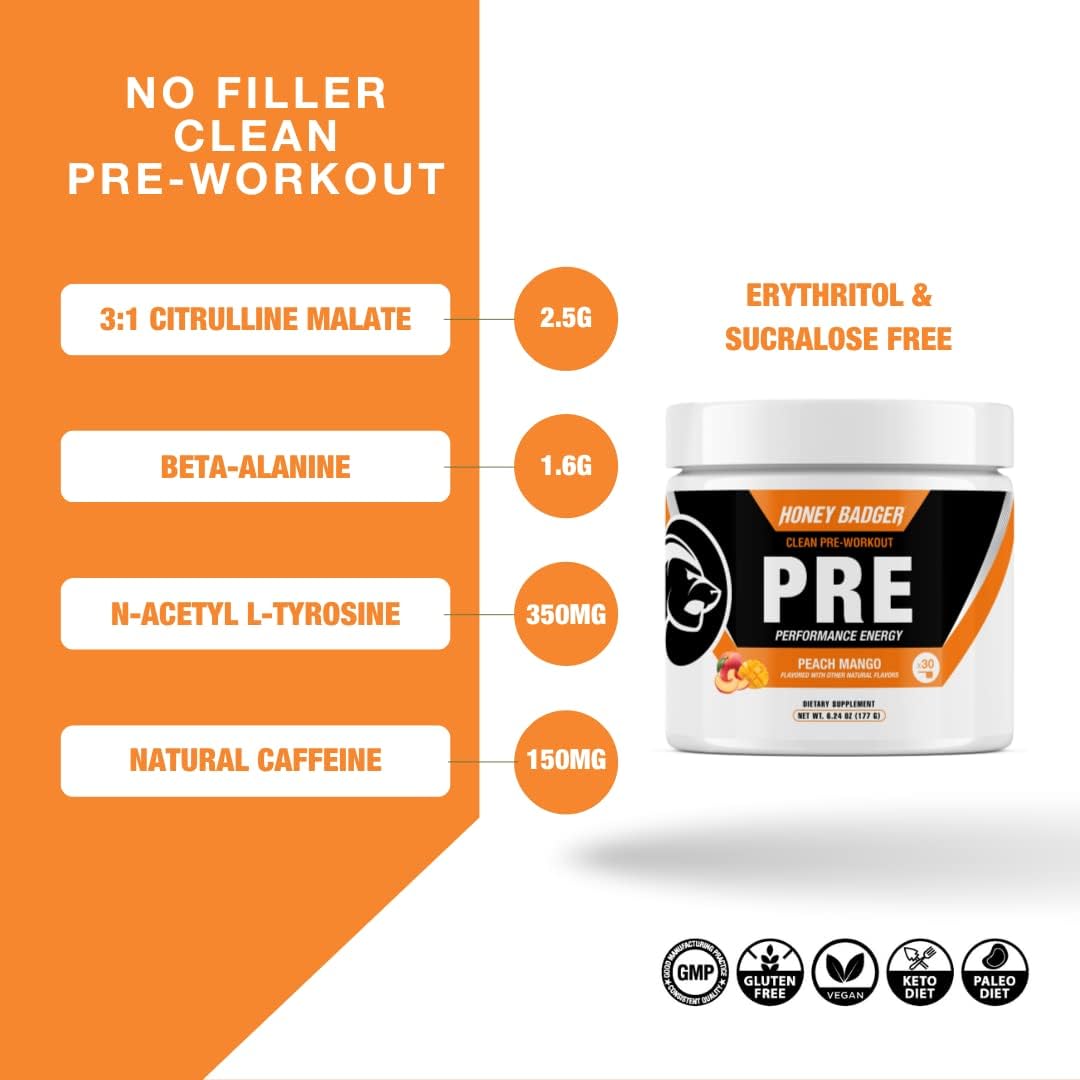 peach-mango-honey-badger-pre-workout-powder---keto-vegan-energy-supplement-for-men-women-with-beta-alanine-caffeine---30-servings-2