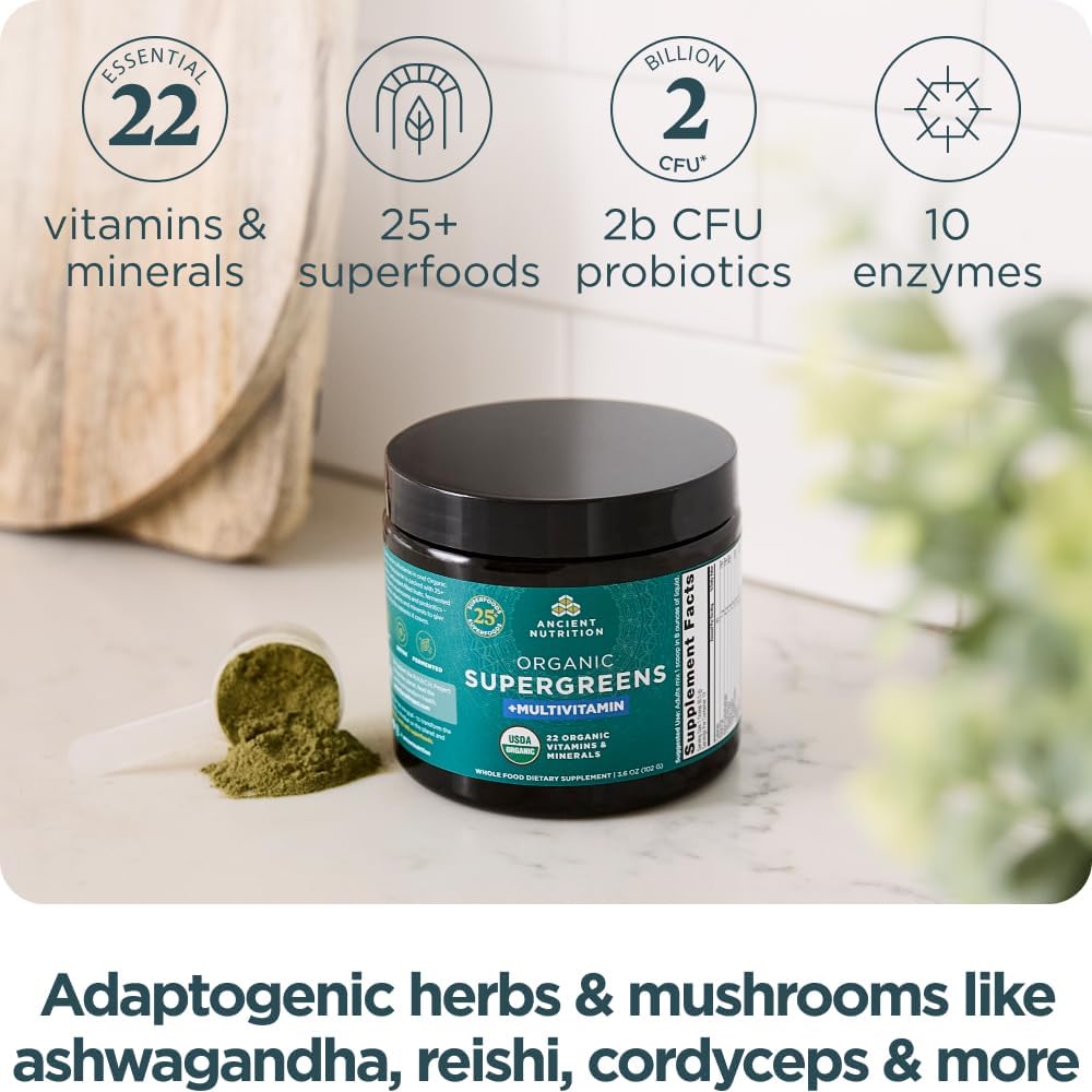 Organic SuperGreens Powder with Probiotics & Multivitamin Greens - Real Fruits, Vegetables & Herbs - Digestive & Energy Support - 12 Servings, 3.6oz - Espot.com.au