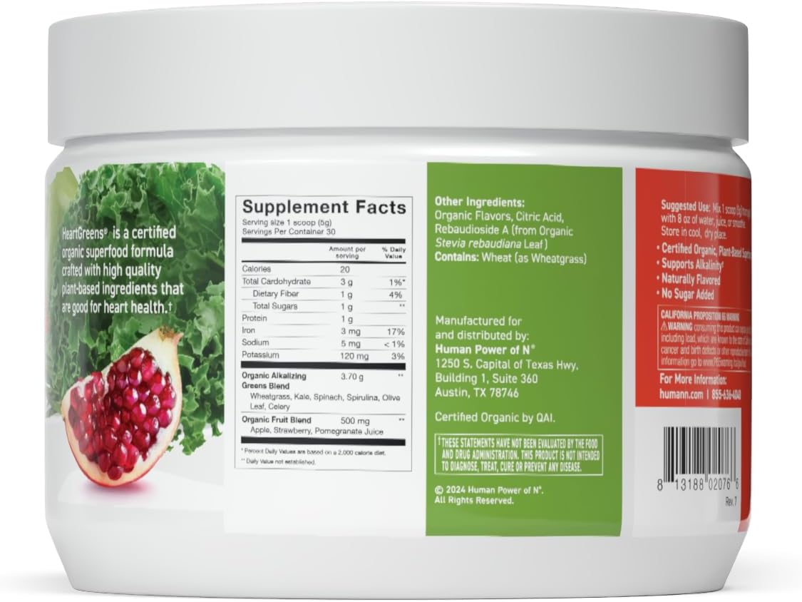 Organic HeartGreens Superfood Powder with Wheatgrass, Kale, Spinach, and Spirulina - USDA Organic Non-GMO, Green Apple Flavor - 5.29oz by humanN - Espot.com.au