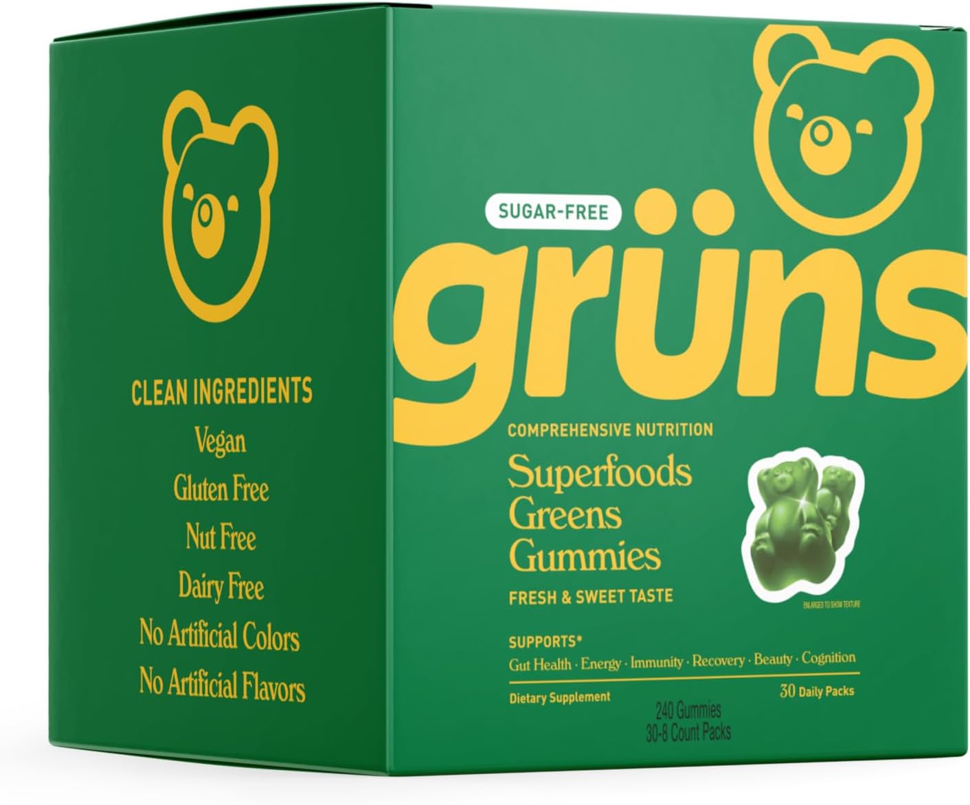 Organic Super Greens Gummy Bears with Spirulina & Chlorella, Prebiotics for Digestive Health, 20+ Vitamins & Minerals, Adaptogens - 240 Gummies in 30 Sachets - Espot.com.au