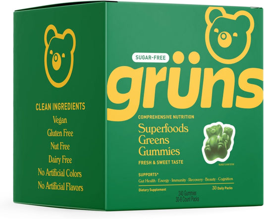 Organic Super Greens Gummy Bears with Spirulina & Chlorella, Prebiotics for Digestive Health, 20+ Vitamins & Minerals, Adaptogens - 240 Gummies in 30 Sachets - Espot.com.au