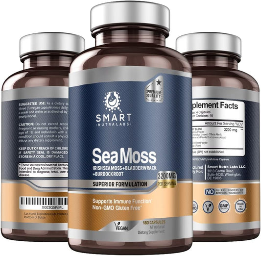 Organic Sea Moss Capsules - 3200MG Per Serving - 180 Vegan Capsules - Irish Sea Moss, Bladderwrack & Burdock Root - Immune Support & Health Supplement - Espot.com.au