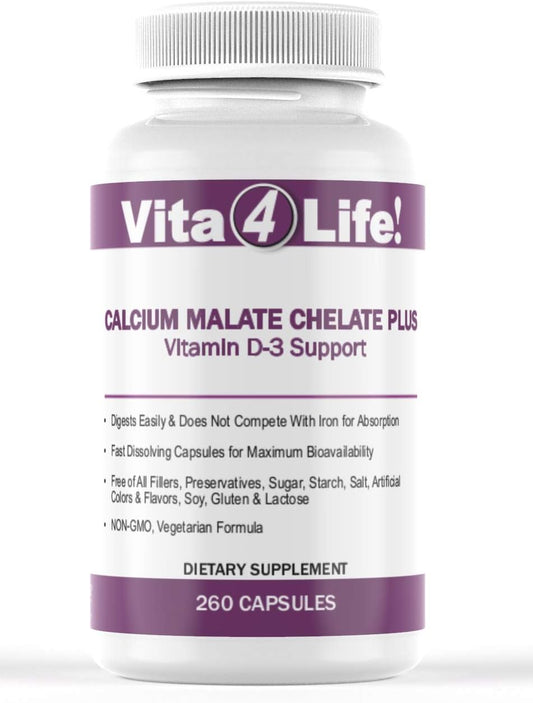 Calcium Malate Chelate with Vitamin D3 Support - 260 Tablets, 300mg - Vita4Life - Espot.com.au