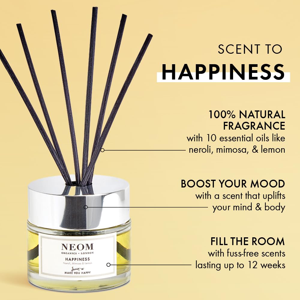 NEOM Happiness Reed Diffuser - 3.38fl oz | Uplifting Neroli, Mimosa & Lemon Essential Oil Blend | 100% Natural Fragrance | Scent to Boost Your Mood - Espot.com.au