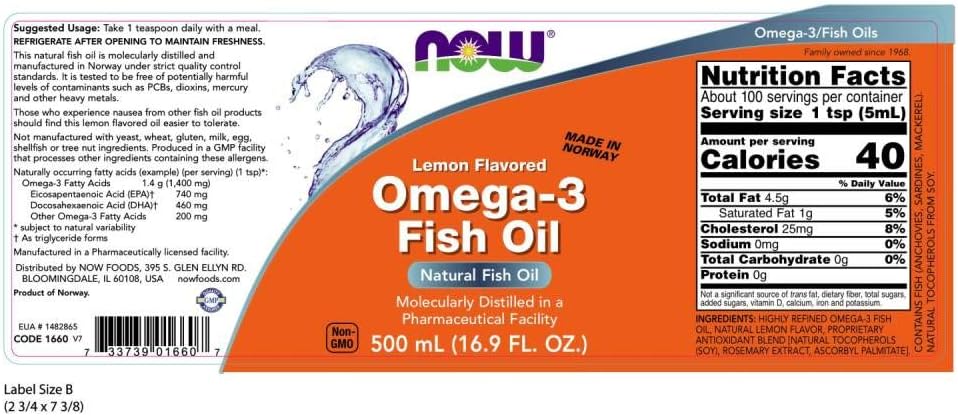 NOW Omega-3 Fish Oil Liquid Supplement, Lemon Flavored, 16.9-Ounce Bottle - Molecularly Distilled - Espot.com.au