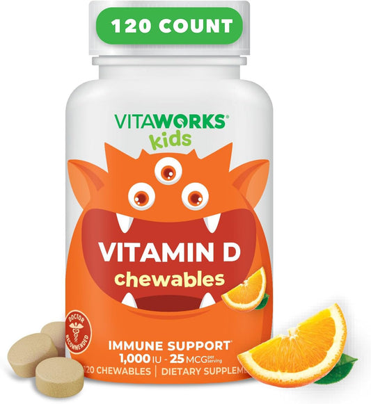 VitaWorks Children's Vitamin D 1000 IU Chewable Tablets - Natural Orange Flavor - Vegan, Non-GMO, Gluten-Free - Immune Support Supplement - 120 Chewables - Espot.com.au