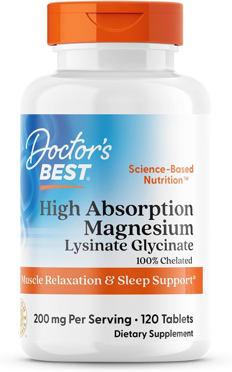 High Absorption Magnesium Glycinate Lysinate Tablets - 100mg, 120 Count - Doctor's Best TRACCS Chelated, Non-GMO, Vegan, Gluten & Soy Free - Espot.com.au