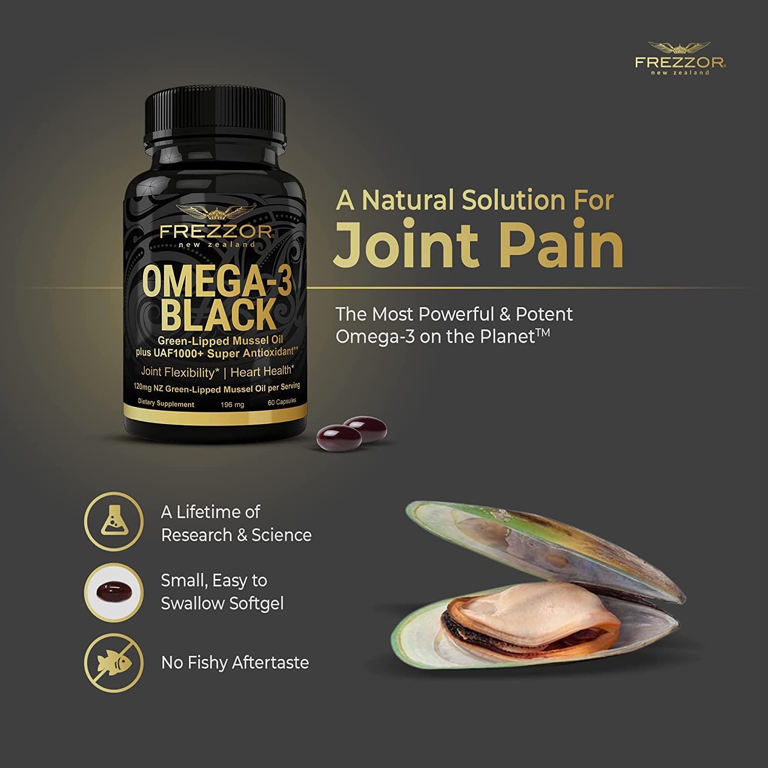 High Potency FREZZOR Omega 3 Black Green Lipped Mussel Oil for Joint Comfort, Mobility & Collagen Support - 60 Softgels + Collagen Peptides - Espot.com.au
