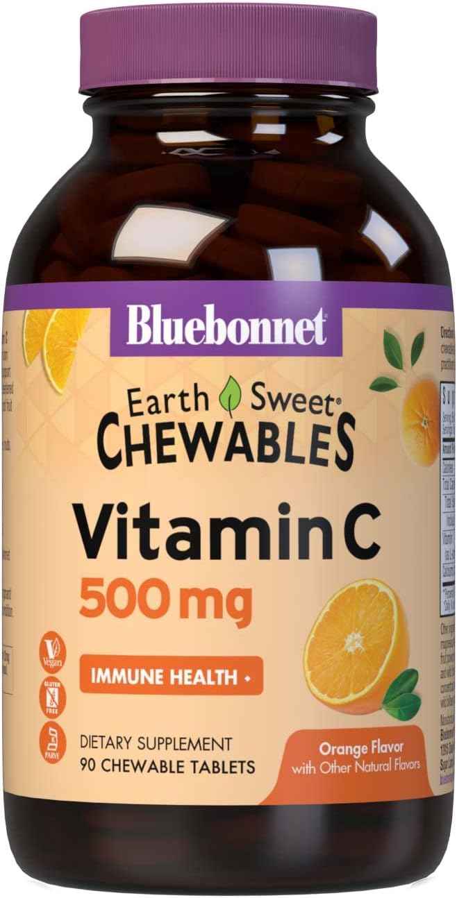 Bluebonnet Nutrition EarthSweet Vitamin C 500 mg Chewable Tablets Orange - Immune Health Support - Antioxidant Protection - Gluten-Free, Vegan - Maximum Absorption - 90 Count Pack