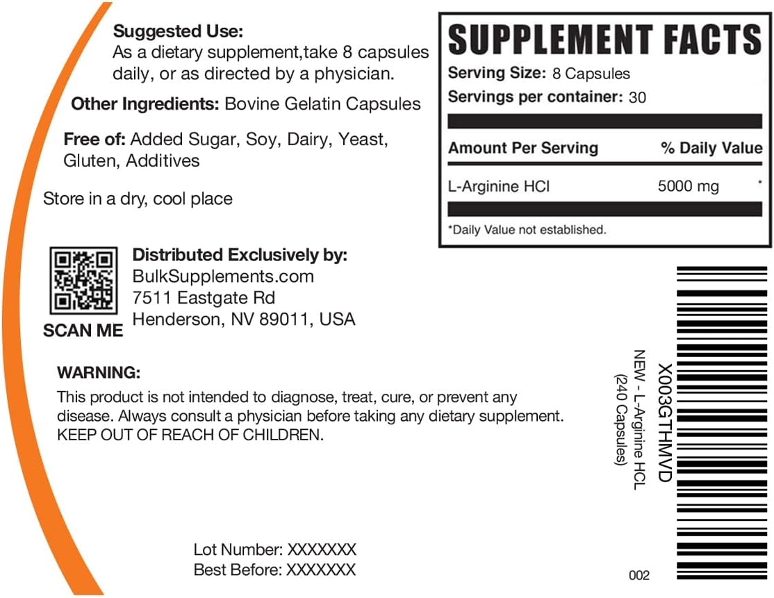 BulkSupplements L-Arginine HCl Capsules - 5000mg Nitric Oxide Supplement, Gluten-Free, 240 Capsules - High-Quality Arginine Supplement - Espot.com.au