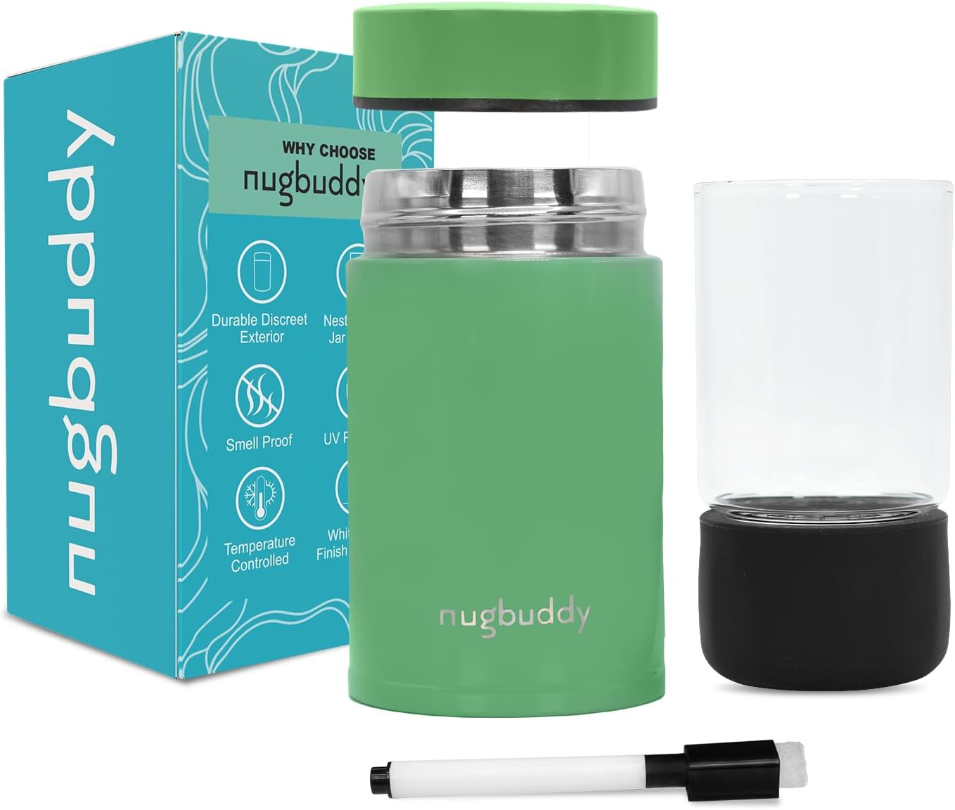 Mini Airtight Storage Container with Nested Glass Jar - Vacuum Sealed Insulated, UV Protection, Temperature Controlled Stainless Steel - Whiteboard Finish with Marker - 100 ml (1/4 Oz) - Espot.com.au