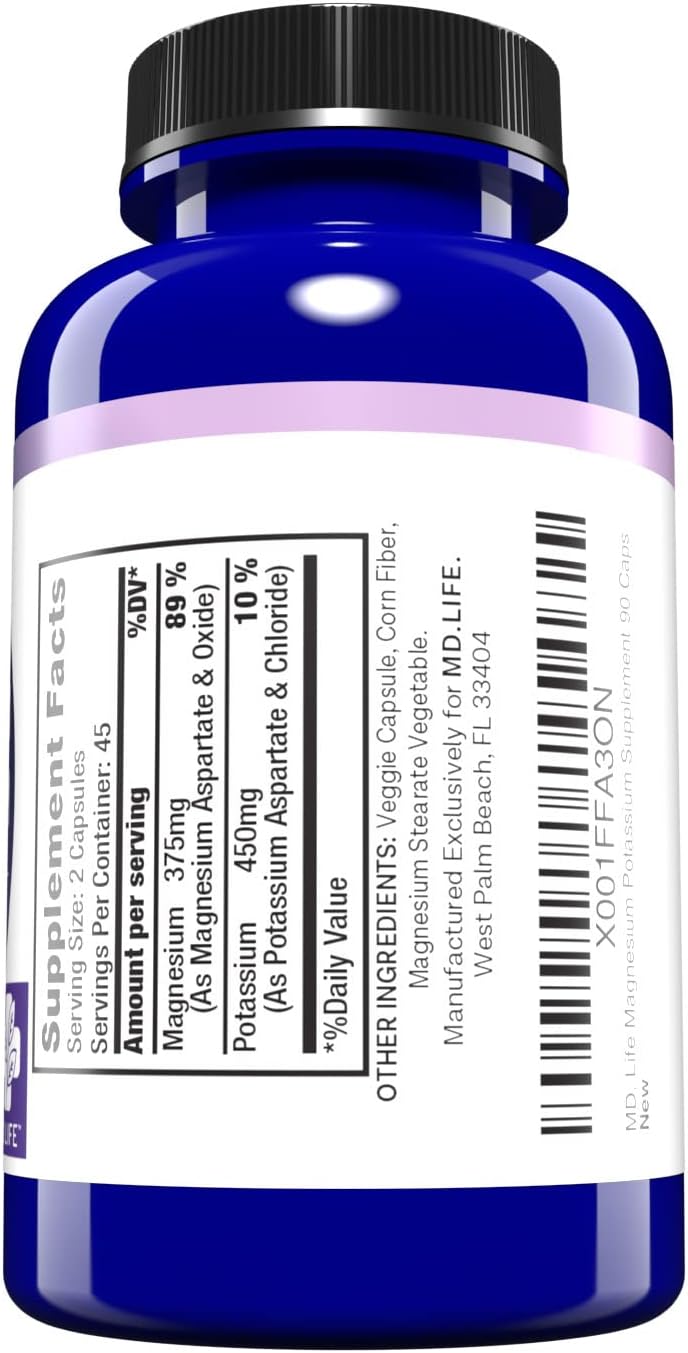 MD.LIFE Magnesium Potassium Supplement - 90 Capsules - Citrate Blend - 90 Count Capsules for Heart Health & Muscle Function - Espot.com.au
