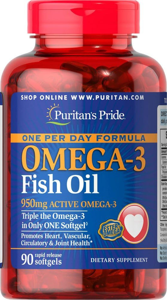 Puritan's Pride Omega-3 Fish Oil Softgels, 1360mg (950mg Active Omega-3) - 90 Count, One Per Day Formula - Espot.com.au