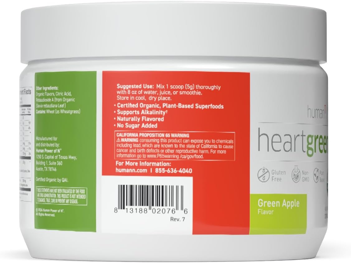 Organic HeartGreens Superfood Powder with Wheatgrass, Kale, Spinach, and Spirulina - USDA Organic Non-GMO, Green Apple Flavor - 5.29oz by humanN - Espot.com.au