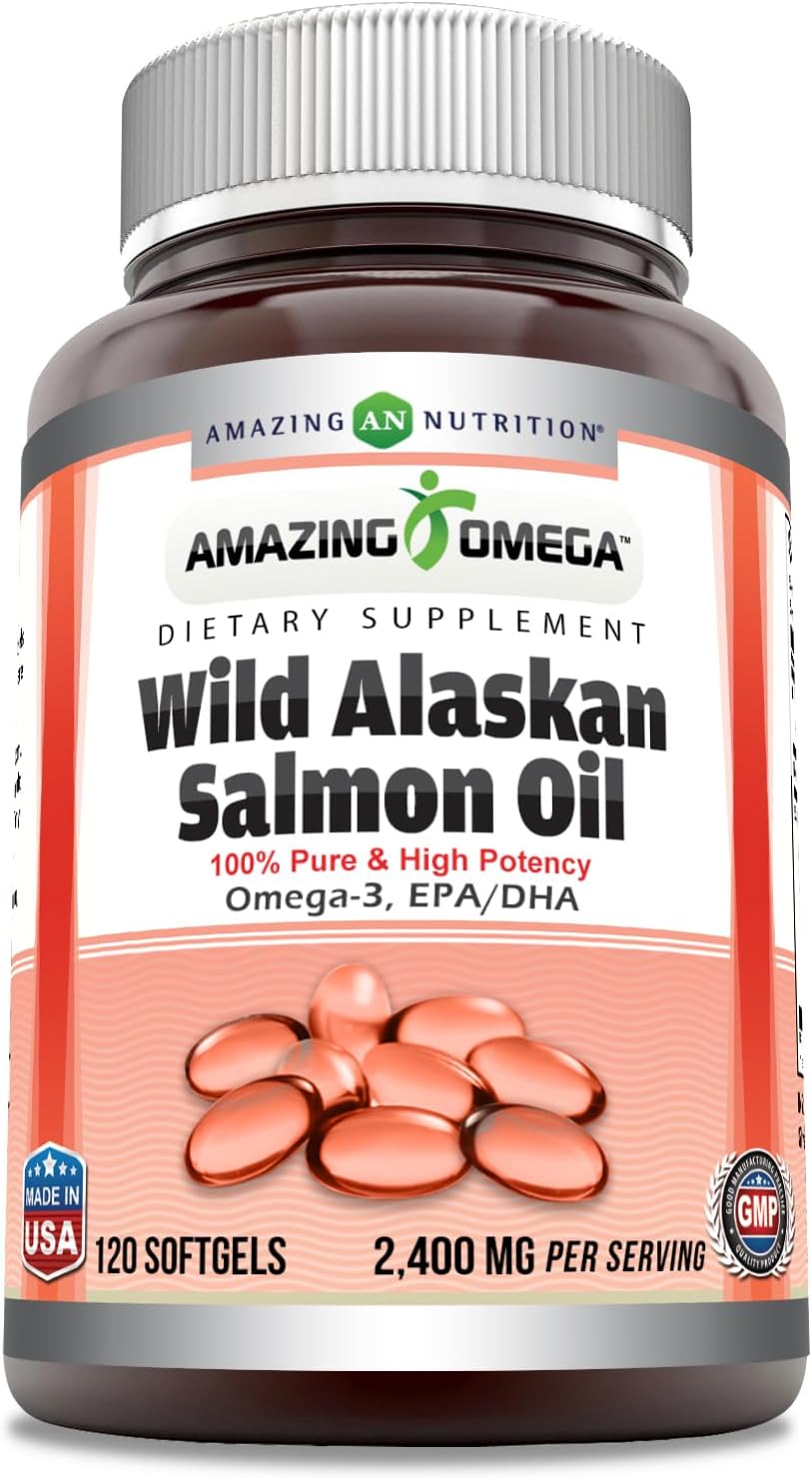 Premium Wild Alaskan Salmon Oil Supplement | 2400 Mg Omega-3, EPA/DHA | 120 Softgels | Non-GMO, Gluten-Free | Made in USA | Amazing Nutrition - Espot.com.au
