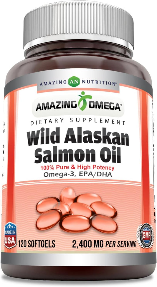 Premium Wild Alaskan Salmon Oil Supplement | 2400 Mg Omega-3, EPA/DHA | 120 Softgels | Non-GMO, Gluten-Free | Made in USA | Amazing Nutrition - Espot.com.au