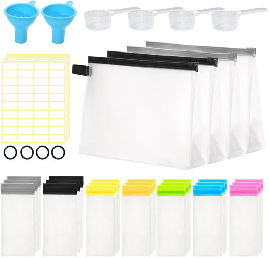 travel-protein-powder-container-set---25pcs-including-21-single-dose-bags-4-large-zip-up-bags-funnels-spoons-labels-spring-buckle---on-the-go-storage-solution-1