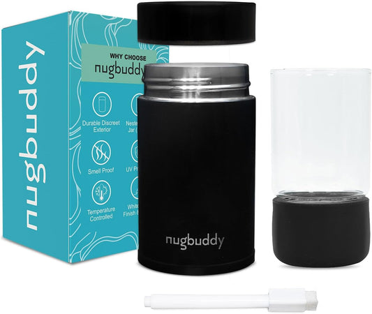 nugbuddy Mini Vacuum Sealed Storage Container with Nested Glass Jar - UV Protection, Temperature Control - Whiteboard Finish with Marker - 100 ml (1/4 Oz) - Espot.com.au