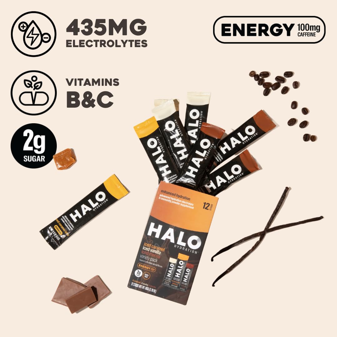 HALO Sport HALO Hydration Variety Pack - Electrolyte Energy Drink Mix and Hydration Powder Packets in Caramel, Vanilla, and Mocha Latte Flavors - Healthy Skinny Coffee Sticks - 12 Servings - Espot.com.au