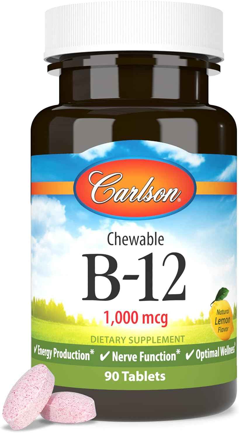 Carlson Chewable B-12 1000 mcg Tablets for Energy & Nerve Function, Lemon Flavored, 90 Count - Supports Optimal Wellness