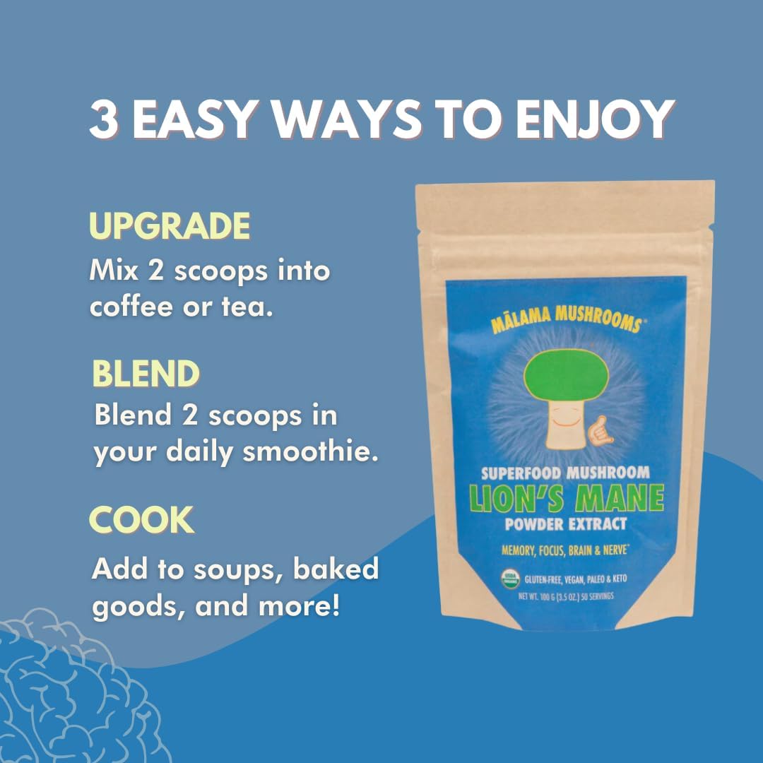 Organic Lion's Mane Mushroom Extract Powder by Malama - Superfood for Memory, Focus, Brain, and Nerves - Fruiting Body Lions Mane Powder - Supports Cognitive Health - Espot.com.au