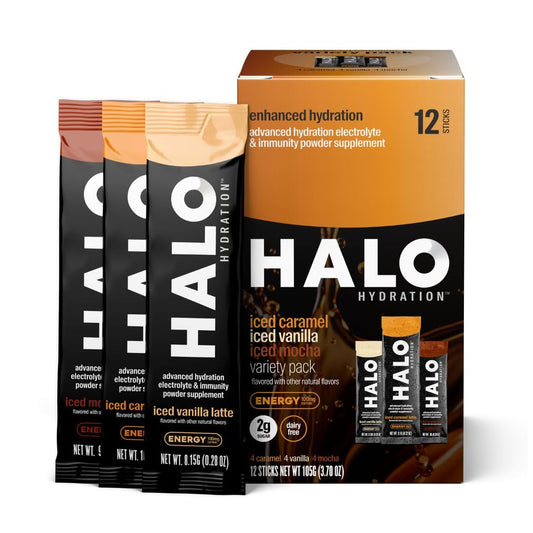 HALO Sport HALO Hydration Variety Pack - Electrolyte Energy Drink Mix and Hydration Powder Packets in Caramel, Vanilla, and Mocha Latte Flavors - Healthy Skinny Coffee Sticks - 12 Servings - Espot.com.au