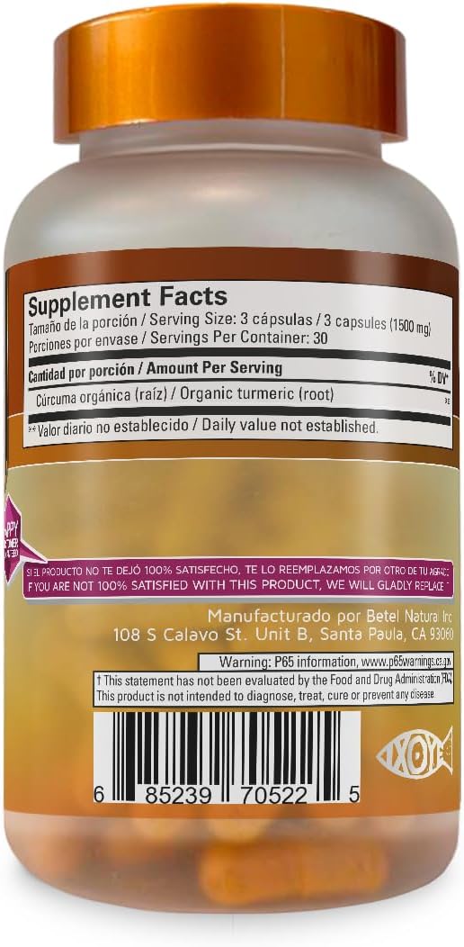 Organic Turmeric Curcumin Capsules - 1500mg per Serving, 90 Capsules - Premium Quality Betel Natural Supplement - Espot.com.au