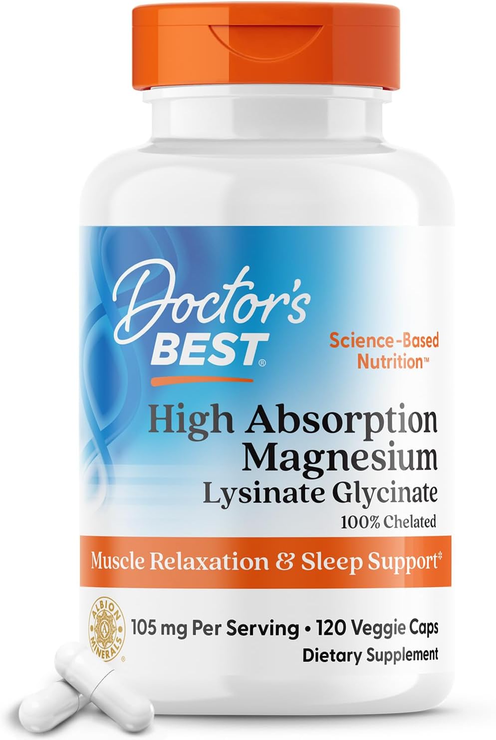 High Absorption Magnesium Lysinate Glycinate Capsules by Doctor's Best - 120 Count, Easy-to-Swallow Formula - Espot.com.au