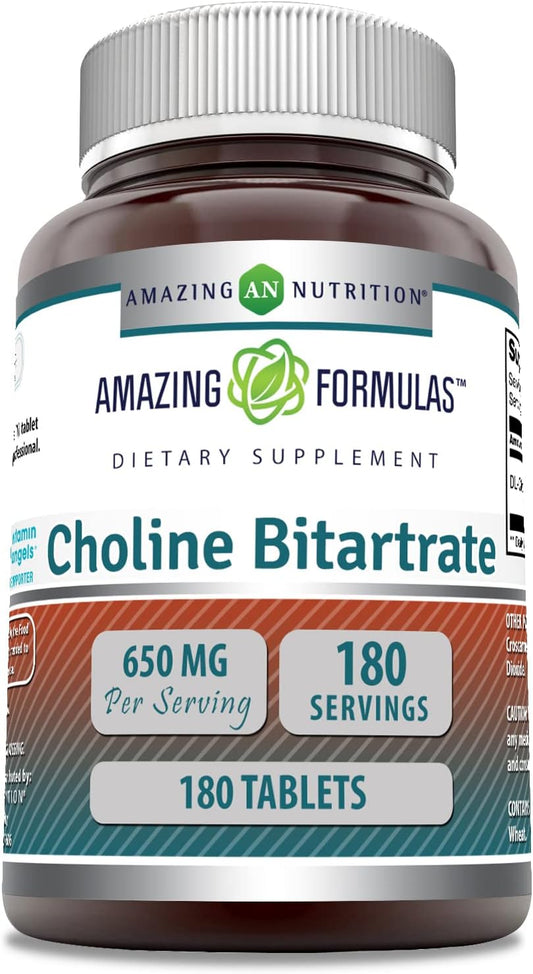 High-Quality Choline Bitartrate Supplement 650mg | 180 Tablets | Non-GMO | Gluten-Free | Made in USA by Amazing Nutrition - Espot.com.au