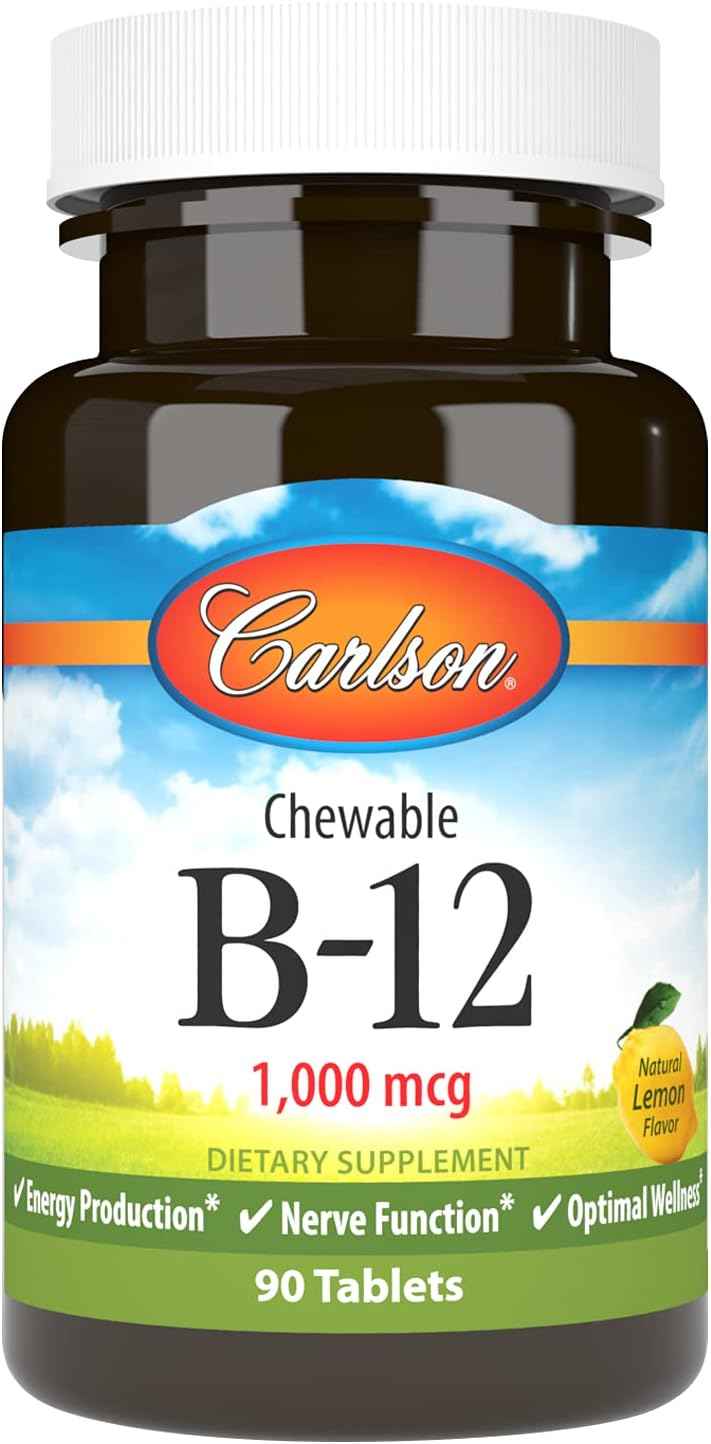 Carlson Chewable B-12 1000 mcg Tablets for Energy & Nerve Function, Lemon Flavored, 90 Count - Supports Optimal Wellness