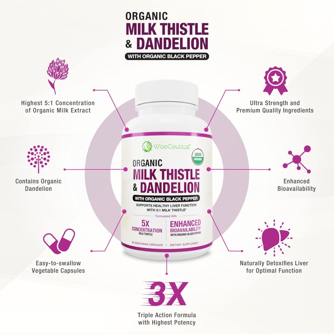 Organic Milk Thistle & Dandelion Root Liver Support Supplement - 2000mg Strength, High Absorption Formula with Silymarin Antioxidant Flavonoid - USDA Certified - 60 Count Pack - Espot.com.au