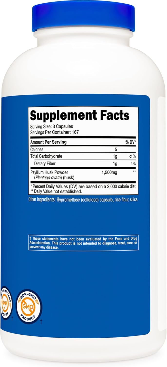 1500mg Psyllium Husk Capsules - 500 Count, Non-GMO & Gluten Free by Nutricost - Espot.com.au
