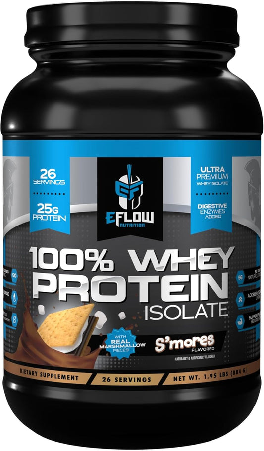 eFlow Nutrition Whey Protein Isolate - S'Mores Flavor, Gluten & Lactose-Free, Low Carb, with Digestive Enzymes, Fast Digesting for Muscle Recovery - 26 Servings - Espot.com.au