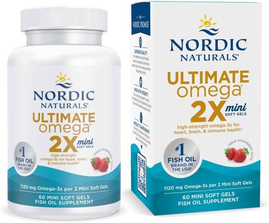 High-Potency Strawberry Flavored Omega-3 Fish Oil Supplement - 60 Mini Soft Gels - 1120 mg EPA & DHA - Supports Brain & Heart Health - 30 Servings