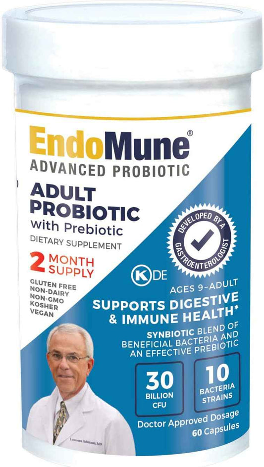 Physician Formulated Endomune Advanced Adult Probiotic with Prebiotic | 10 Strains, 30 Billion CFU | 60-Count Bottle