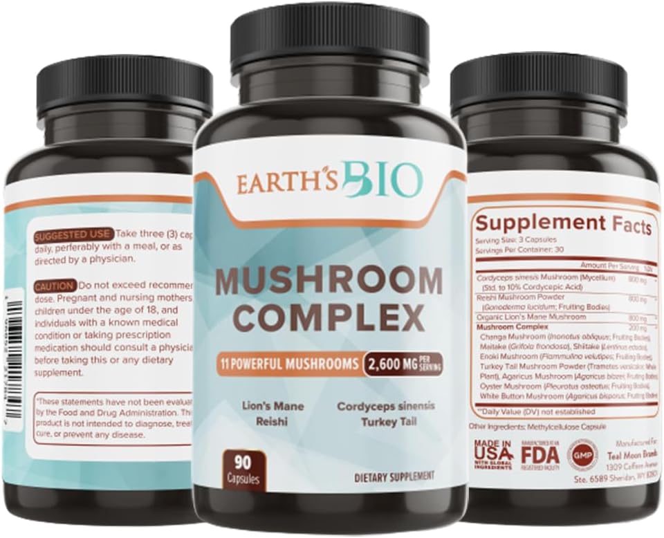 Organic Mushroom Supplement Complex 2,600 mg, 90 Capsules - Lion's Mane, Turkey Tail, Enoki Agaricus, White Button & Oyster Mushroom Blend for Memory & Immune Support - Espot.com.au