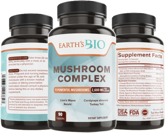 Organic Mushroom Supplement Complex 2,600 mg, 90 Capsules - Lion's Mane, Turkey Tail, Enoki Agaricus, White Button & Oyster Mushroom Blend for Memory & Immune Support - Espot.com.au